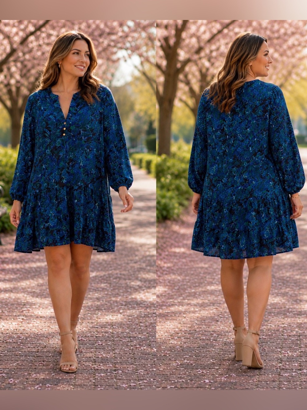 Time and Tru Blue Floral V-Neck Long-Sleeve Swing Dress